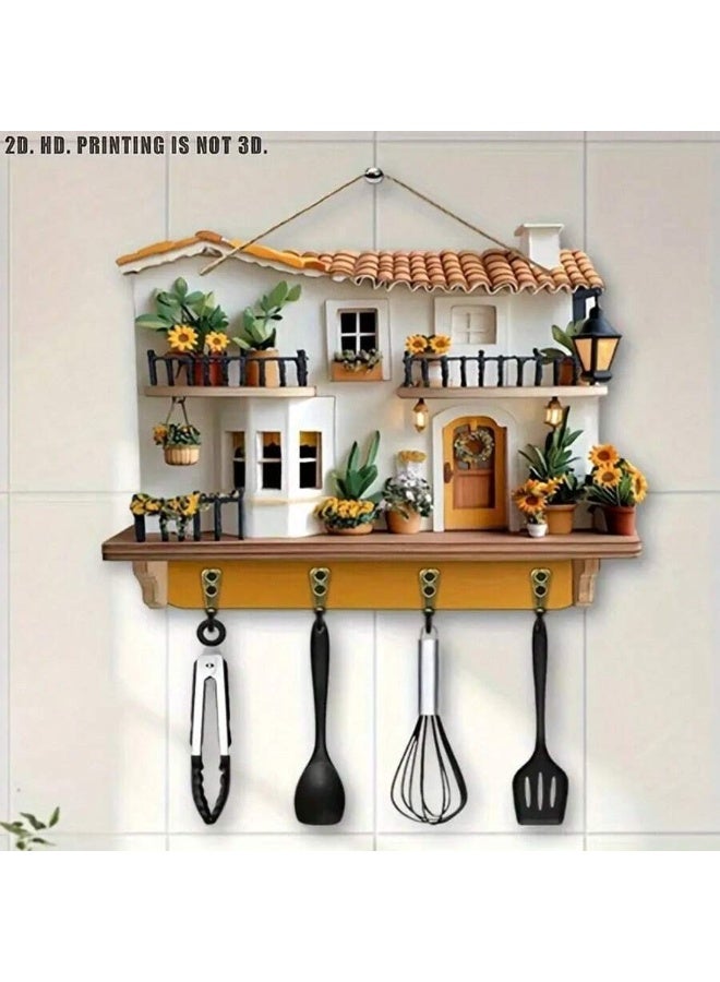 Decorative House Wall Key Holder with Hooks – Mini Cottage Design Wall Decor – Wooden-Style Key Rack with 4 Hooks – Entryway Organizer (2D Flat) - Image 2